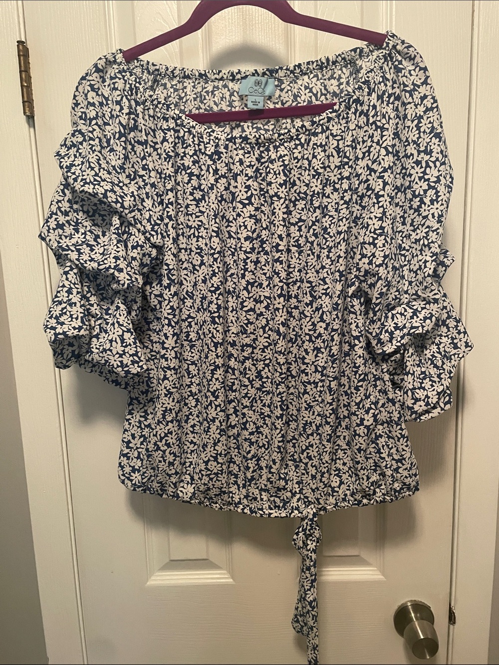CeCe Navy and White Floral Off-Shoulder Tie-Front Blouse